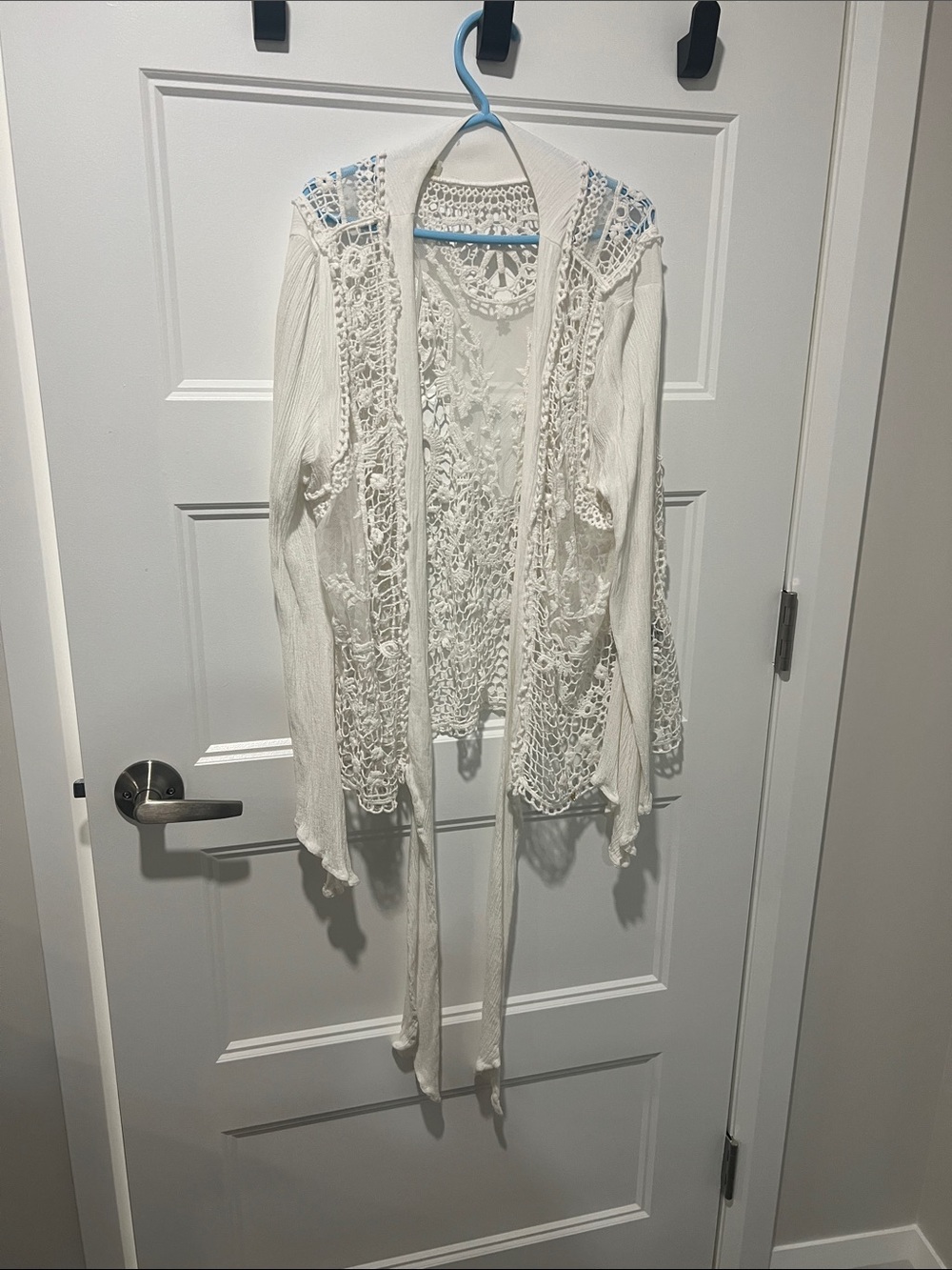 Women's White Crochet Open-Front Cardigan
